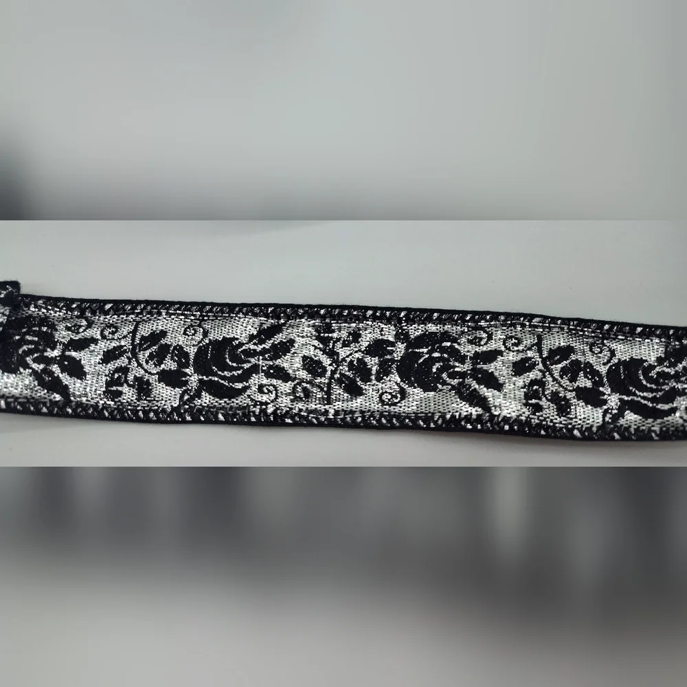 Vintage Japanese Black Silver Rose Jacquard Ribbon 1.25 Luxury Trim Two (2) Yard